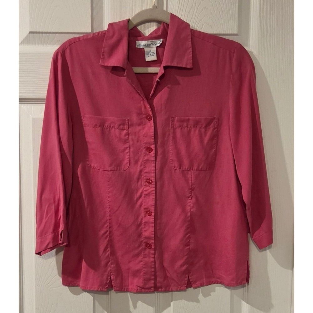 Vintage Anna & Frank 100% Silk Button Up Blouse Coral Pink Women's Medium